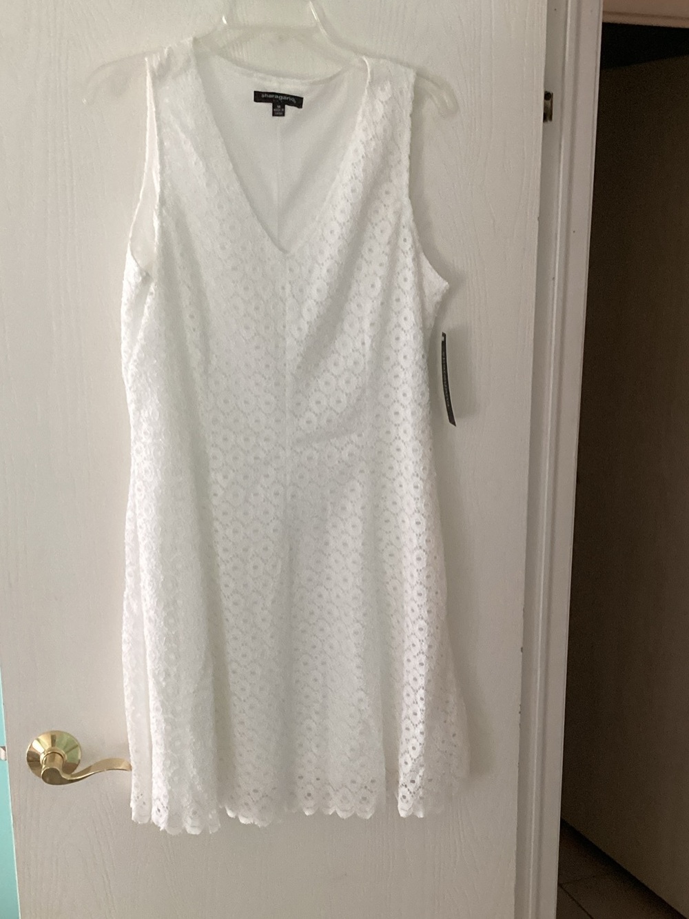 Sharagano White Eyelet V-Neck Midi Dress with Scalloped Hem